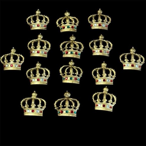 Vintage Set of 14 Gold Crown Ornaments Gold with Green Red And Clear Gem Accents - Picture 1 of 15